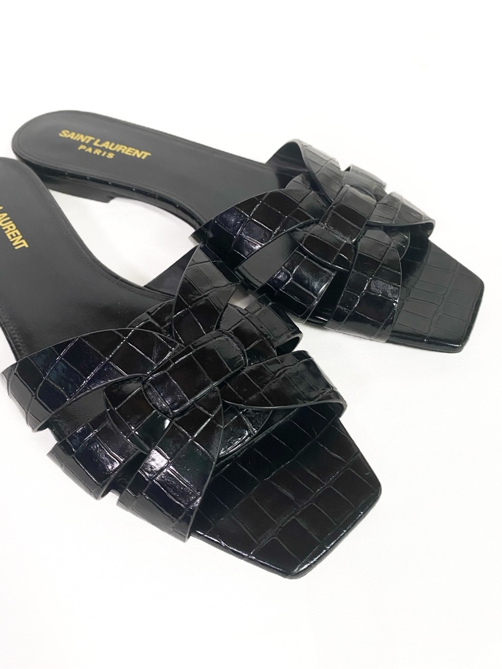 Saint Laurent Tribute Flat Mules Sandals Black Croc - Picture 5 of 8